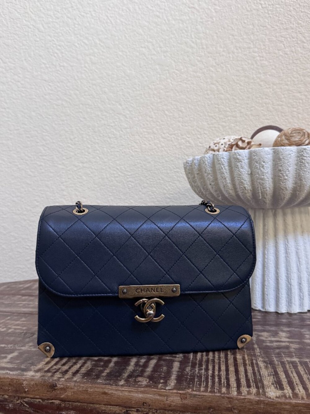 Rare Chanel Rock the Corner Flap Navy Quilted Calfskin Chain Bag + dust bag